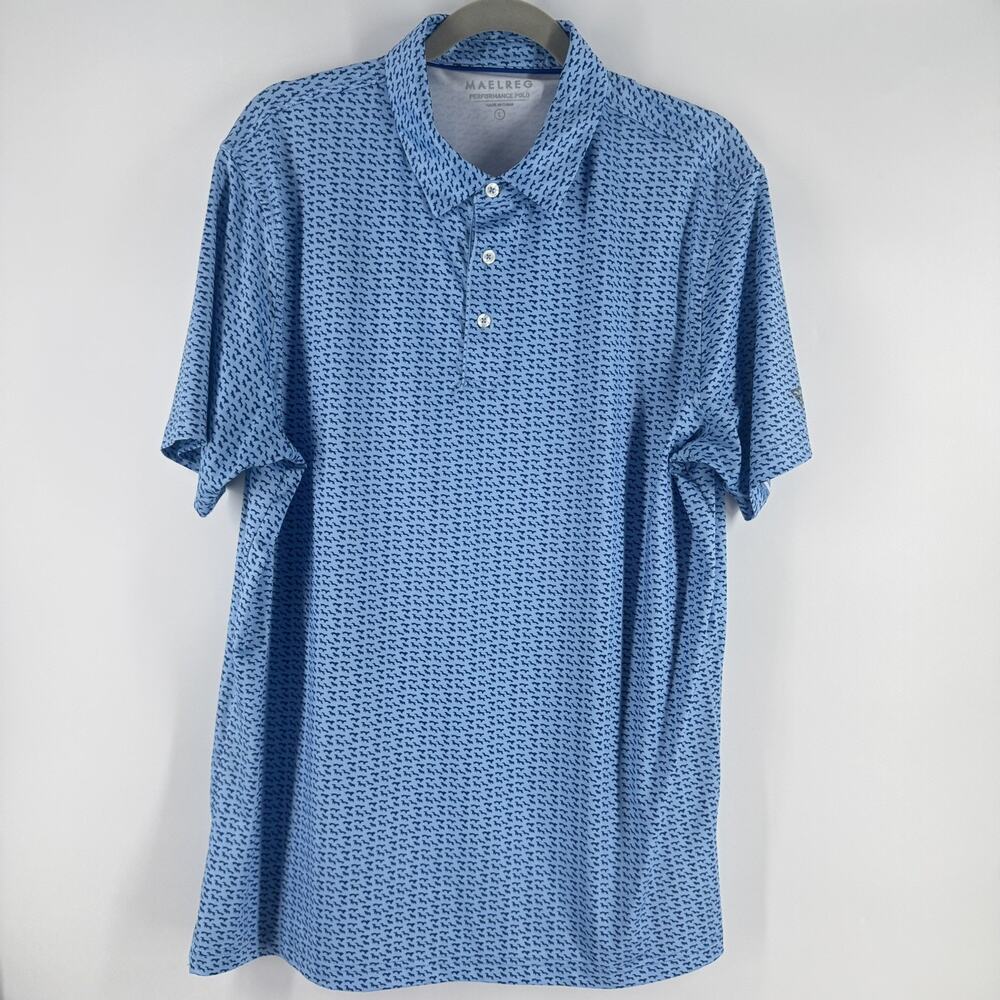 Maelreg Men’s Performance Golf Polo Shirt Blue Dog Print LARGE